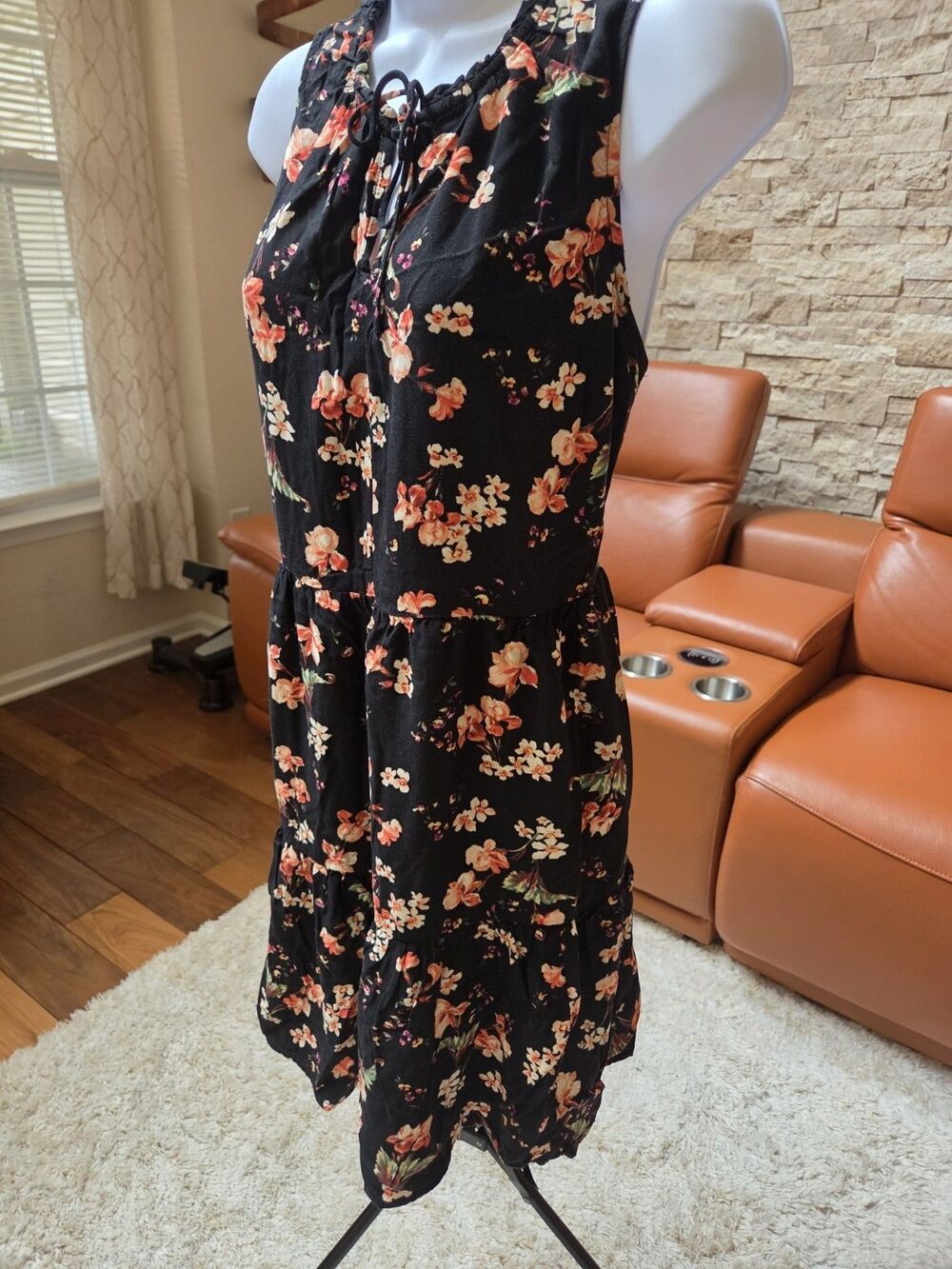 Sleeveless Babydoll Black Floral All Over Print Swing Dress L Tiered Old Navy